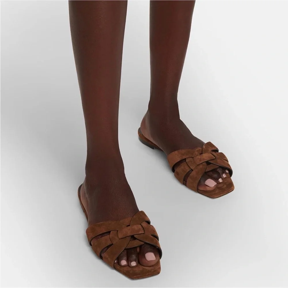 Women's Brown Suede Slide Sandals - Knotted Strap - Picture 2 of 9